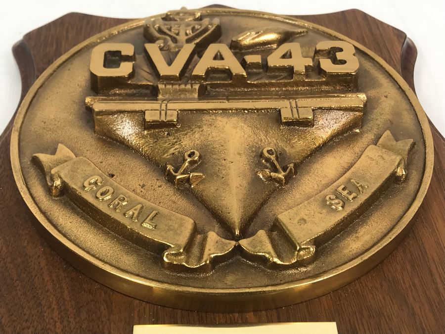 Very Heavy Relief Brass Plaque On Wood Coral Sea CVA-43 Inscribed Capt W.H. Harris, USN Commanding Officer 7 Sept 71 - 2 Nov 72 12'H [Photo 4]