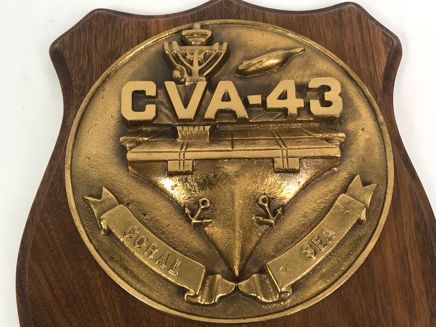 Very Heavy Relief Brass Plaque On Wood Coral Sea CVA-43 Inscribed Capt W.H. Harris, USN Commanding Officer 7 Sept 71 - 2 Nov 72 12'H [Photo 3]