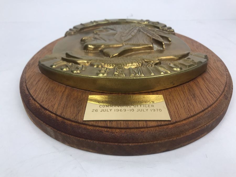 Relief Brass Plaque On Wood LKA-104 USS Seminole Inscribed 'Capt. W.H. Harris USN Commanding Officer 26 July 1969-10 July 1970' 11'H [Photo 10]