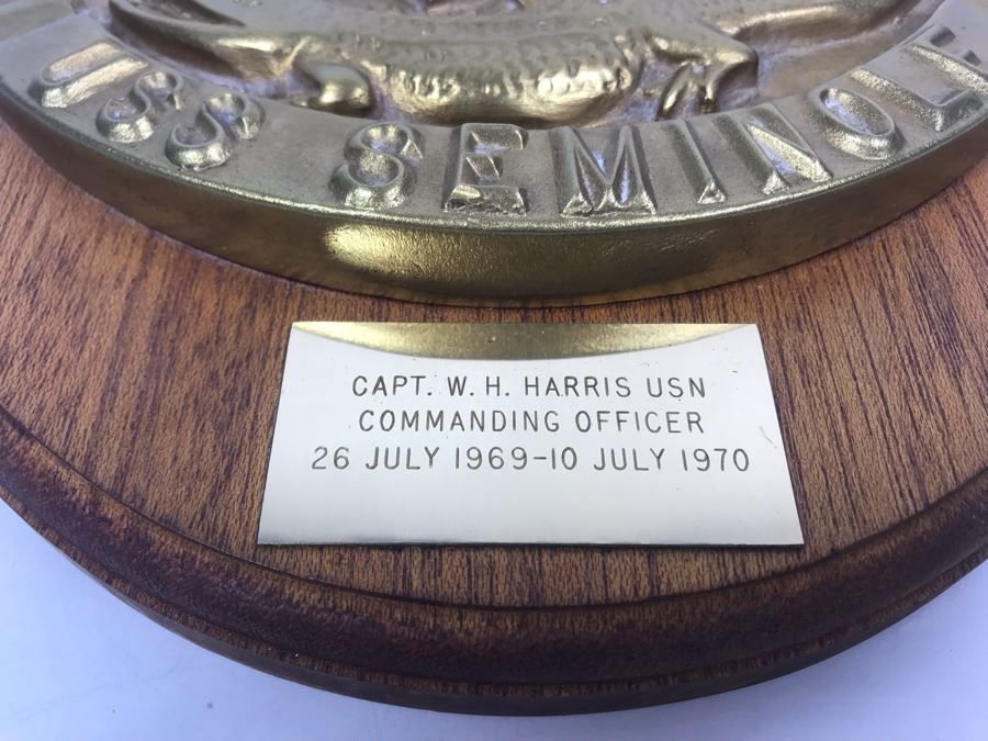 Relief Brass Plaque On Wood LKA-104 USS Seminole Inscribed 'Capt. W.H. Harris USN Commanding Officer 26 July 1969-10 July 1970' 11'H [Photo 9]