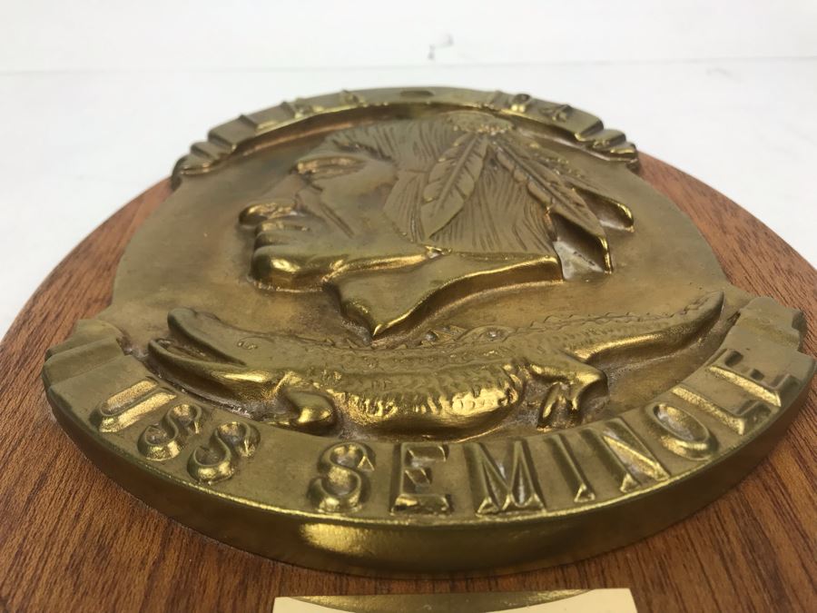Relief Brass Plaque On Wood LKA-104 USS Seminole Inscribed 'Capt. W.H. Harris USN Commanding Officer 26 July 1969-10 July 1970' 11'H [Photo 8]