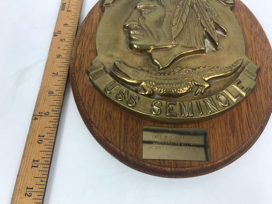 Relief Brass Plaque On Wood LKA-104 USS Seminole Inscribed 'Capt. W.H. Harris USN Commanding Officer 26 July 1969-10 July 1970' 11'H [Photo 11]