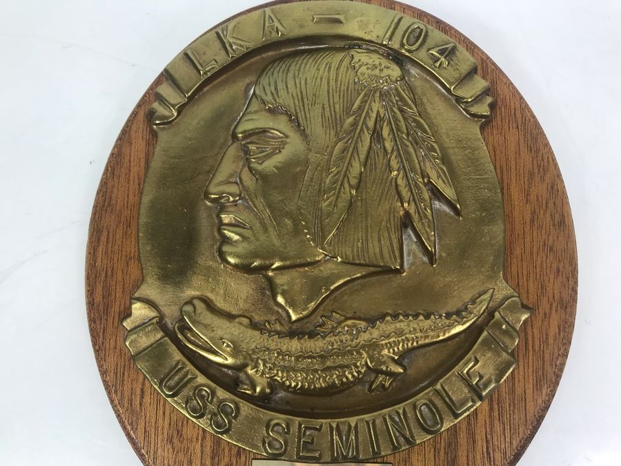 Relief Brass Plaque On Wood LKA-104 USS Seminole Inscribed 'Capt. W.H. Harris USN Commanding Officer 26 July 1969-10 July 1970' 11'H [Photo 4]