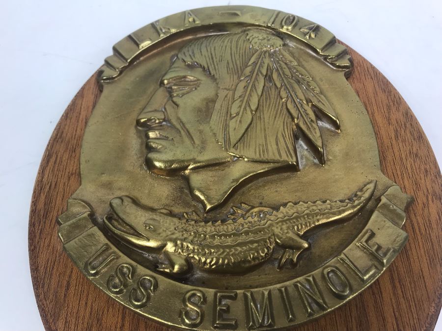 Relief Brass Plaque On Wood LKA-104 USS Seminole Inscribed 'Capt. W.H. Harris USN Commanding Officer 26 July 1969-10 July 1970' 11'H [Photo 5]