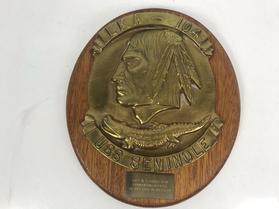 Relief Brass Plaque On Wood LKA-104 USS Seminole Inscribed 'Capt. W.H. Harris USN Commanding Officer 26 July 1969-10 July 1970' 11'H [Photo 3]