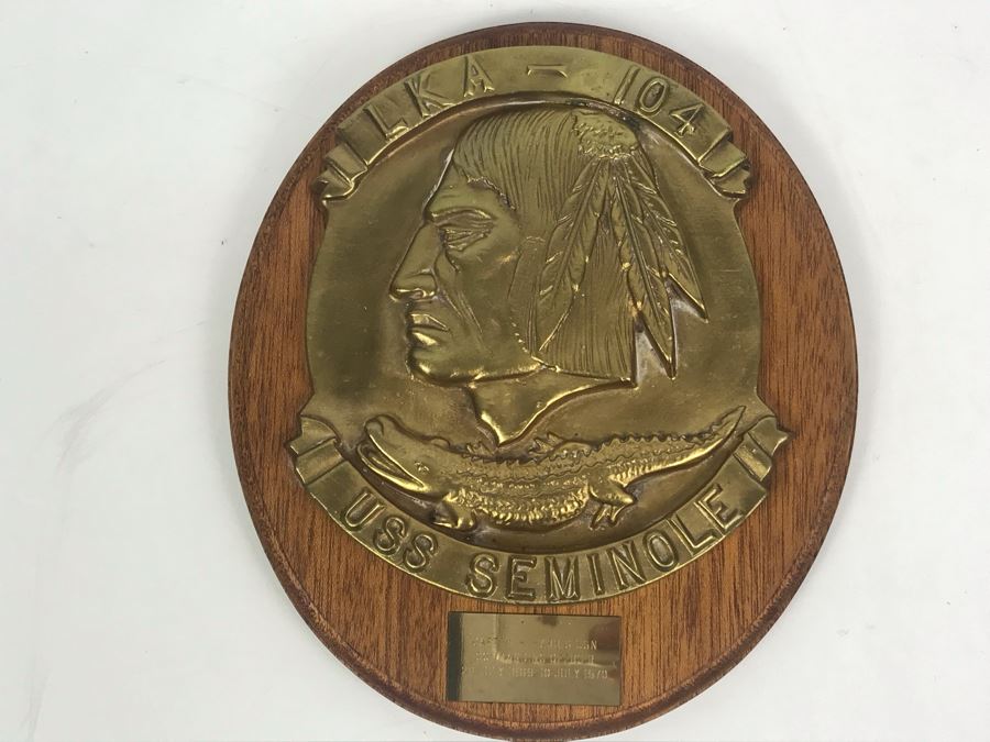 Relief Brass Plaque On Wood LKA-104 USS Seminole Inscribed 'Capt. W.H. Harris USN Commanding Officer 26 July 1969-10 July 1970' 11'H [Photo 2]