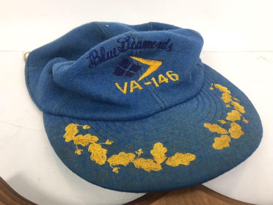Brass Plaque On Wood VA 146 Strike Fighter Squadron 146 Inscribed Cdr. W. H. Harris, USN Commanding Officer Dec 1964 - Dec 1965 And Blue Diamonds VA-146 Hat [Photo 13]