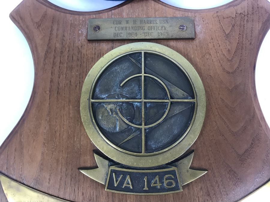 Brass Plaque On Wood VA 146 Strike Fighter Squadron 146 Inscribed Cdr. W. H. Harris, USN Commanding Officer Dec 1964 - Dec 1965 And Blue Diamonds VA-146 Hat [Photo 4]