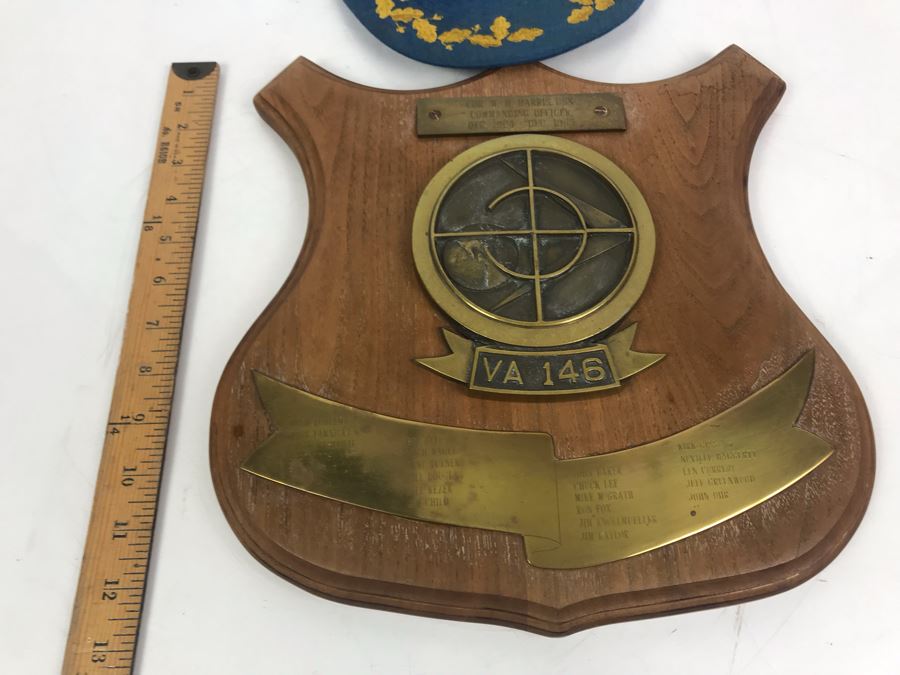 Brass Plaque On Wood VA 146 Strike Fighter Squadron 146 Inscribed Cdr. W. H. Harris, USN Commanding Officer Dec 1964 - Dec 1965 And Blue Diamonds VA-146 Hat [Photo 15]