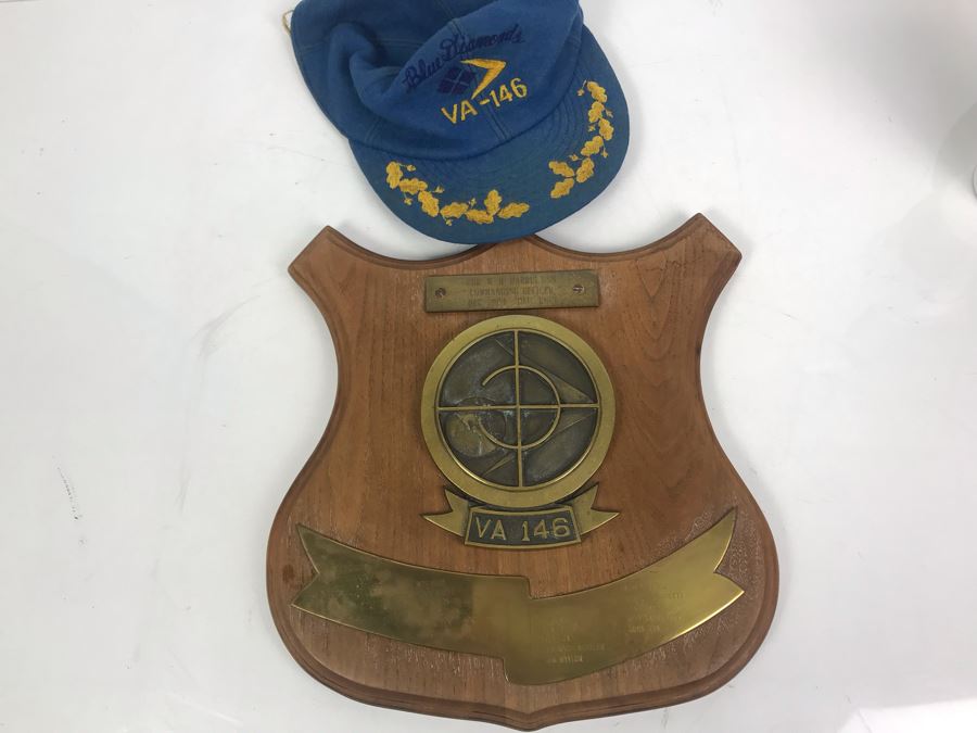 Brass Plaque On Wood VA 146 Strike Fighter Squadron 146 Inscribed Cdr. W. H. Harris, USN Commanding Officer Dec 1964 - Dec 1965 And Blue Diamonds VA-146 Hat [Photo 2]