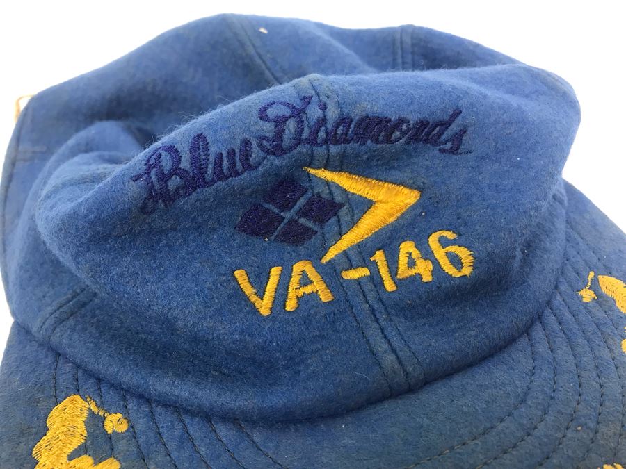 Brass Plaque On Wood VA 146 Strike Fighter Squadron 146 Inscribed Cdr. W. H. Harris, USN Commanding Officer Dec 1964 - Dec 1965 And Blue Diamonds VA-146 Hat [Photo 14]