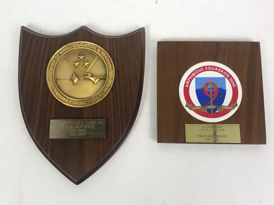 Pair Of Plaques Presented To William 'Bill' H. Harris, RADM, USN (Ret.): Amphibious Squadron Nine 1970 And Chief Of Naval Education & Training 1978 [Photo 1]