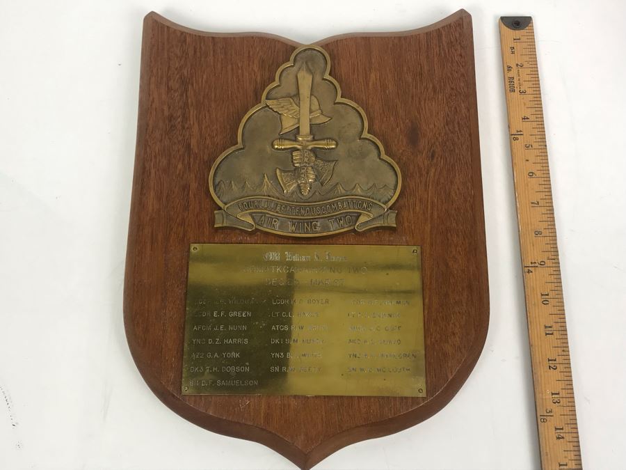 Air Wing Two Relief Brass On Wood Plaque Presented To Cdr William 'Bill' H. Harris COMATK CARAIRWING TWO Dec 65 - Mar 67 Early Vietnam War [Photo 1]