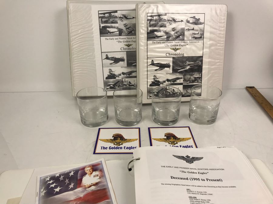 'The Golden Eagles' Documents And Glasses: (4) 3-Ring Binders Filled With Documents And (4) 'Golden Eagles' Glasses - The Early and Pioneer Naval Aviators - Elite Pilots And Astronauts Including John Glenn [Photo 1]