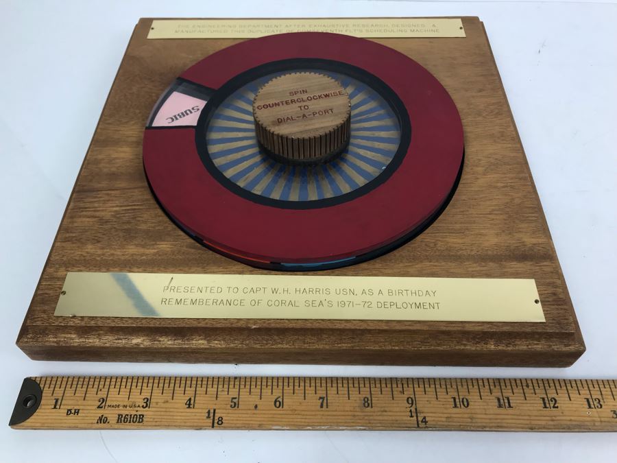 Mechanical Award Presented To Capt W. H. Harris USN For Rememberance Of Coral Sea's 1971-1972 Deployment - COMSEVENTH FLT'S Scheduling Machine Spin To Dial-A-Port [Photo 16]