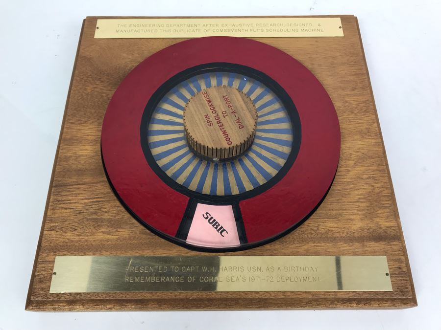 Mechanical Award Presented To Capt W. H. Harris USN For Rememberance Of Coral Sea's 1971-1972 Deployment - COMSEVENTH FLT'S Scheduling Machine Spin To Dial-A-Port [Photo 2]