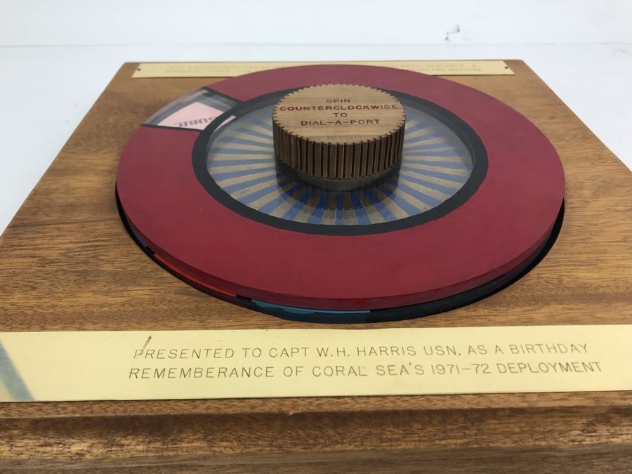 Mechanical Award Presented To Capt W. H. Harris USN For Rememberance Of Coral Sea's 1971-1972 Deployment - COMSEVENTH FLT'S Scheduling Machine Spin To Dial-A-Port [Photo 4]