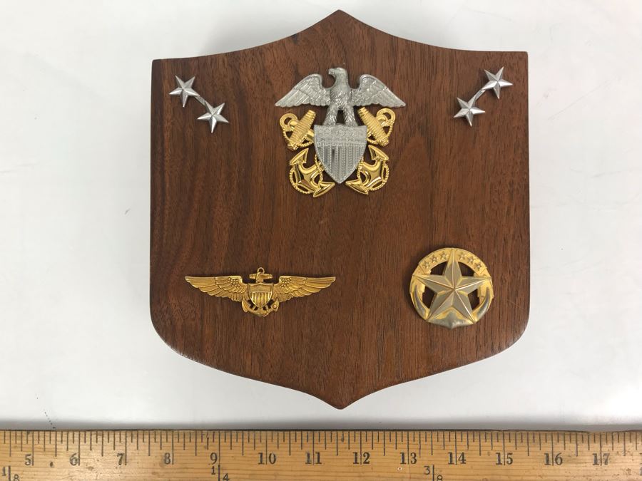 William 'Bill' H. Harris, RADM, USN (Ret.) Wooden Plaque Displaying His Naval Aviator Wings, Pair Of Rear Admiral Two-Stars And More [Photo 1]
