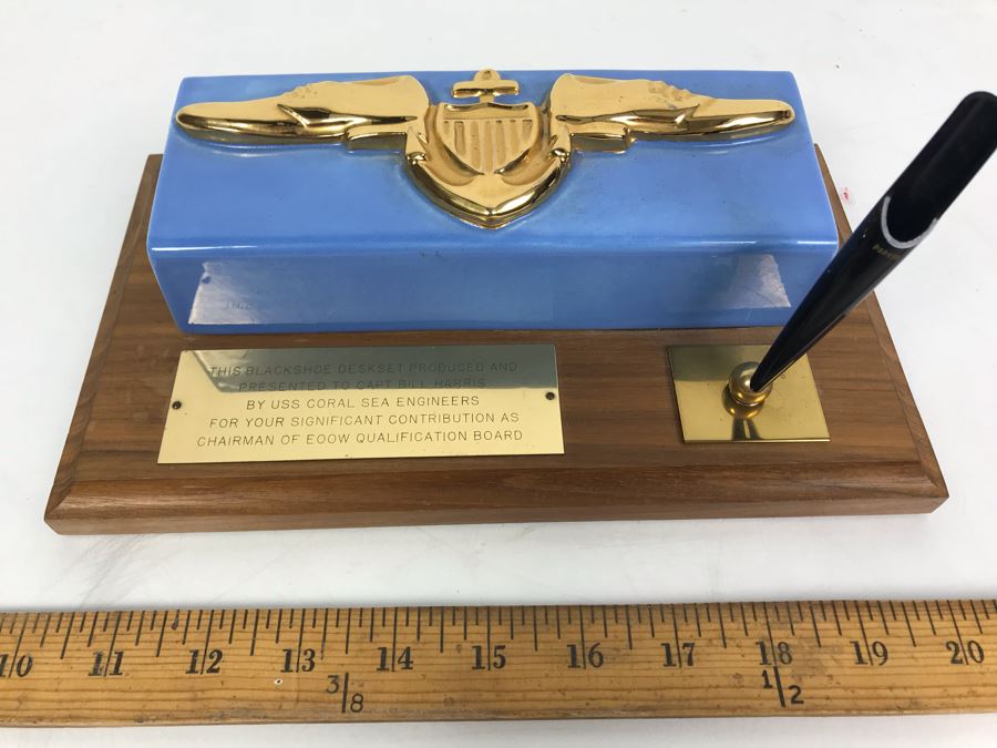 Blackshoe Deskset Presented To William 'Bill' H. Harris, RADM, USN (Ret.) By USS Coral Sea Engineers For Significant Contribution As Chairman Of EOOW Qualification Board [Photo 1]