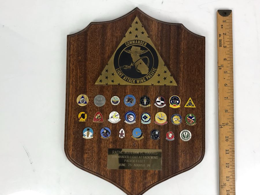 Plaque With Various Pins Presented To RADM William H. Harris Commander Light Attack Wing Pacific Fleet USN June 75 - August 76 14'H - See Photos