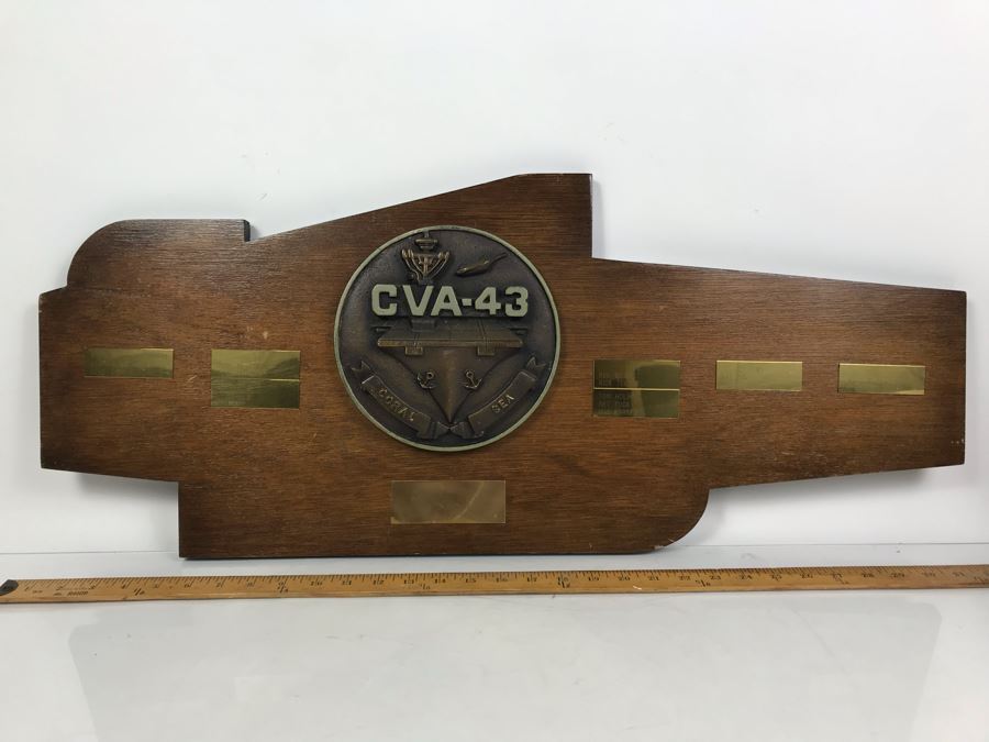 Large Relief Brass Plaque On Wood Cut In Form Of CVA-43 Coral Sea Presented To Captain W. H. Harris Commanding Officer 7 Sept 71 - 2 Nov 72 From Air Dept Officers