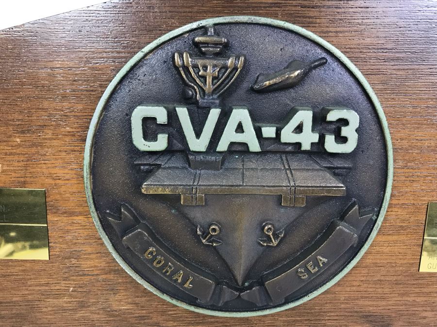 Large Relief Brass Plaque On Wood Cut In Form Of CVA-43 Coral Sea Presented To Captain W. H. Harris Commanding Officer 7 Sept 71 - 2 Nov 72 From Air Dept Officers [Photo 2]