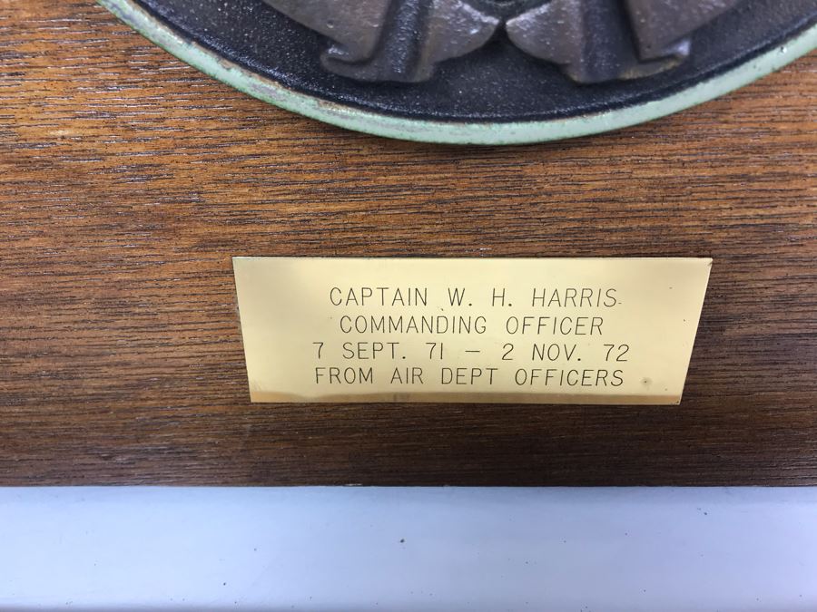 Large Relief Brass Plaque On Wood Cut In Form Of CVA-43 Coral Sea Presented To Captain W. H. Harris Commanding Officer 7 Sept 71 - 2 Nov 72 From Air Dept Officers [Photo 3]