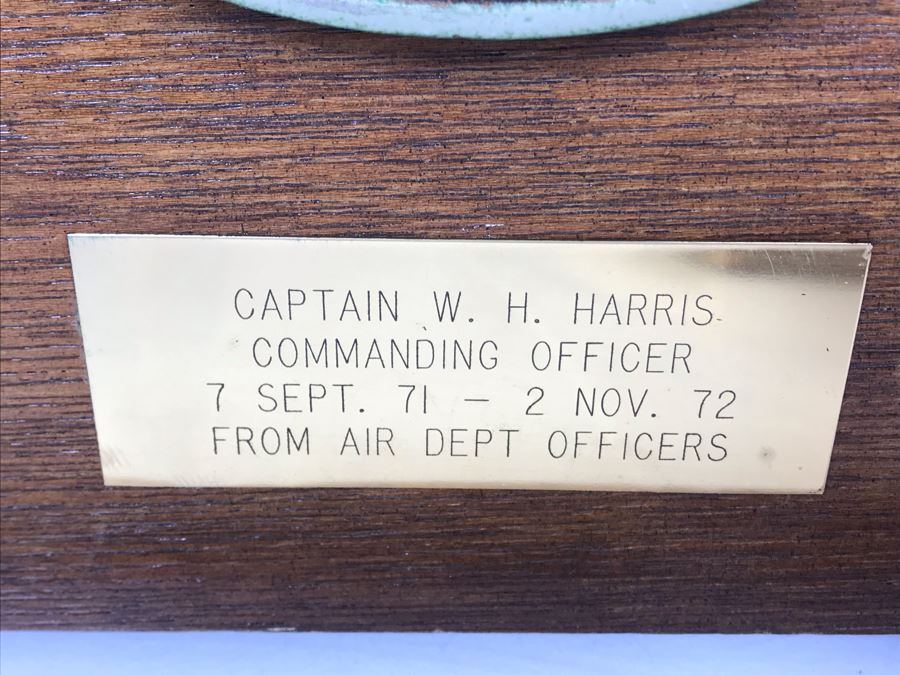 Large Relief Brass Plaque On Wood Cut In Form Of CVA-43 Coral Sea Presented To Captain W. H. Harris Commanding Officer 7 Sept 71 - 2 Nov 72 From Air Dept Officers [Photo 7]