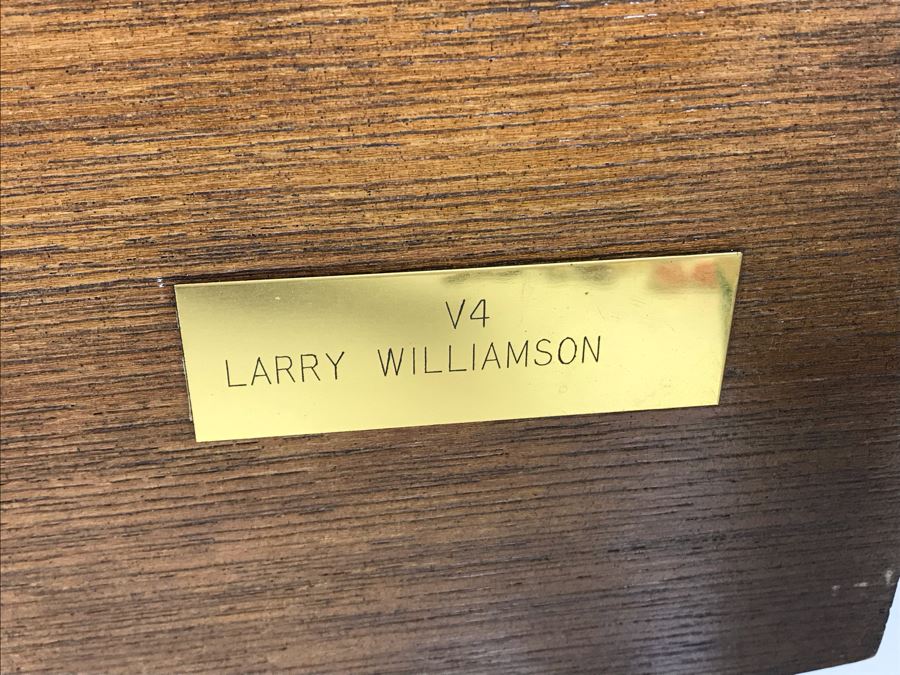 Large Relief Brass Plaque On Wood Cut In Form Of CVA-43 Coral Sea Presented To Captain W. H. Harris Commanding Officer 7 Sept 71 - 2 Nov 72 From Air Dept Officers [Photo 10]