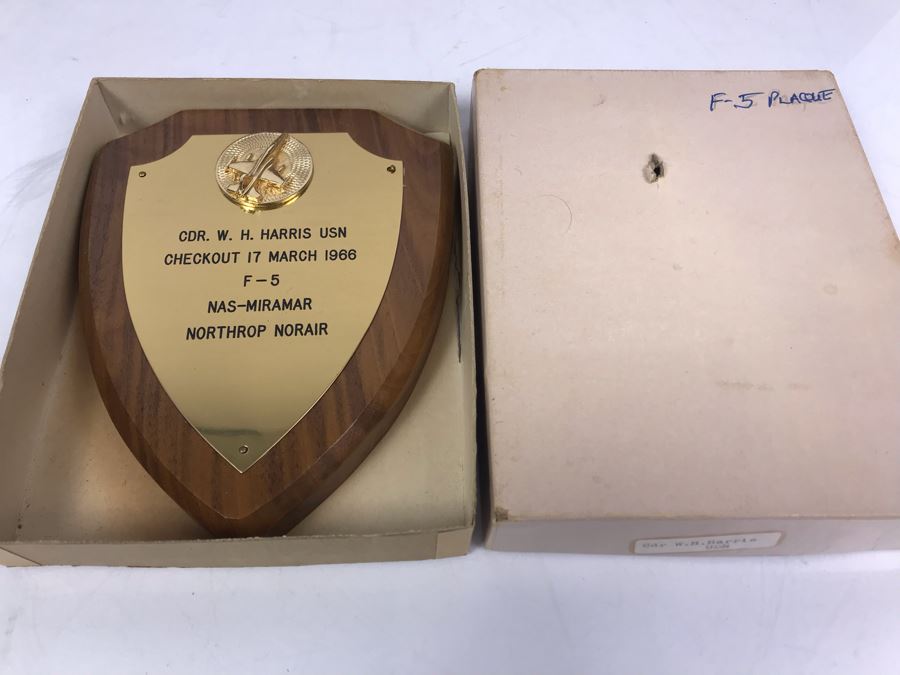 Plaque Presented To CDR. W. H. Harris USN Checkout 17 March 1966 F-5 NAS-MIRAMAR NORTHROP NORAIR (William Harris Was Later Involved In Putting Together Famous TOPGUN Fighter Pilot School At NAS Miramar, San Diego) [Photo 2]