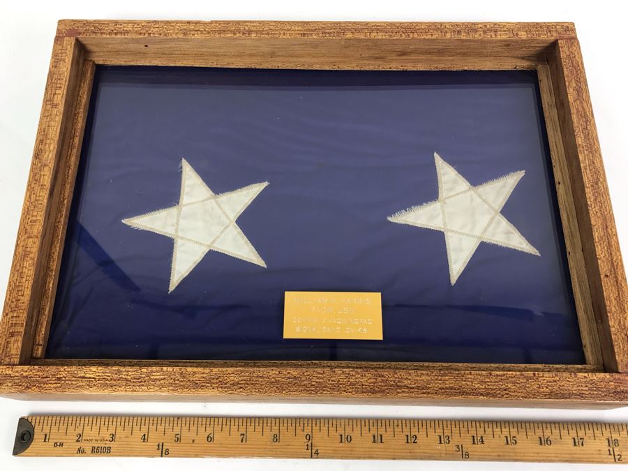 Framed Two-Star Flag Presented To William H. Harris RADM, USN COMMAT / VAQWINGPAC Signal Gang (CV-43) USS Coral Sea [Photo 1]