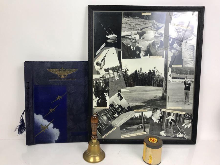 Framed Photos Of William 'Bill' H. Harris, RADM, USN (Ret.), Brass Bell, USN Naval Air Station Corpus Christi Scrap Book (Empty) And Vintage Gunslick Patches