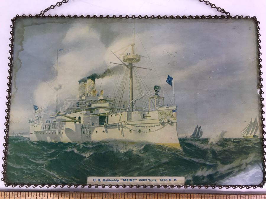 Vintage Print Of U.S. Naval Battleship 'Maine' With Metal Chain Frame (Print By Frederick Nelson Atwood) [Photo 2]