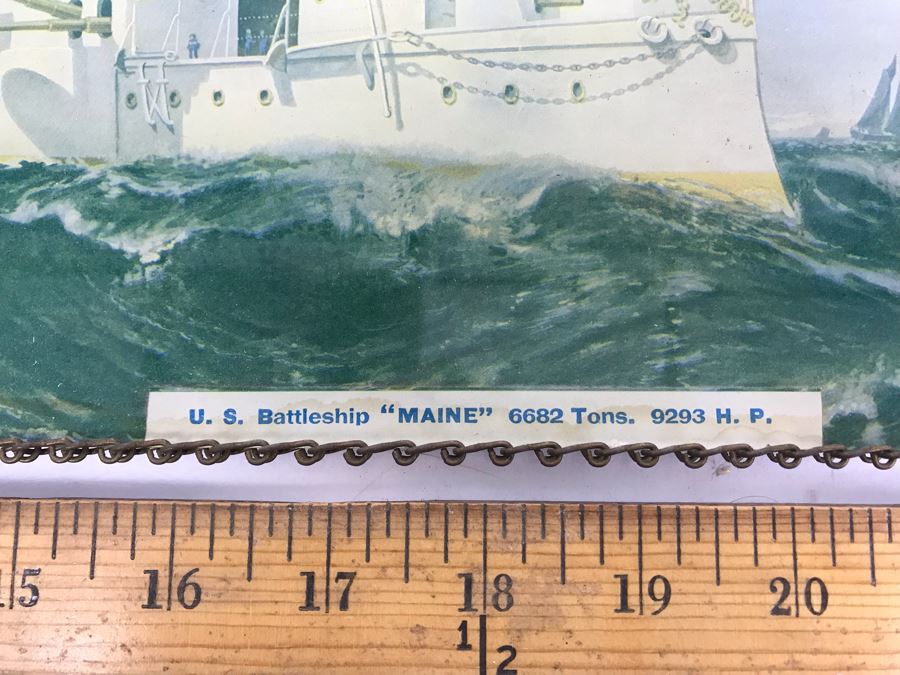 Vintage Print Of U.S. Naval Battleship 'Maine' With Metal Chain Frame (Print By Frederick Nelson Atwood) [Photo 5]