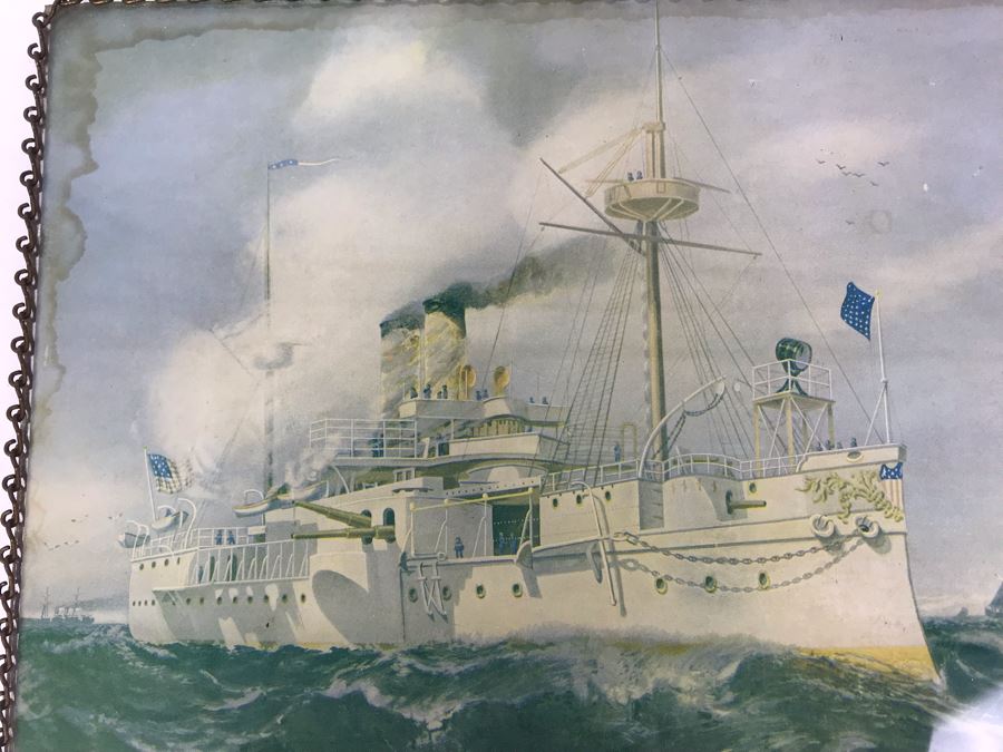 Vintage Print Of U.S. Naval Battleship 'Maine' With Metal Chain Frame (Print By Frederick Nelson Atwood) [Photo 3]