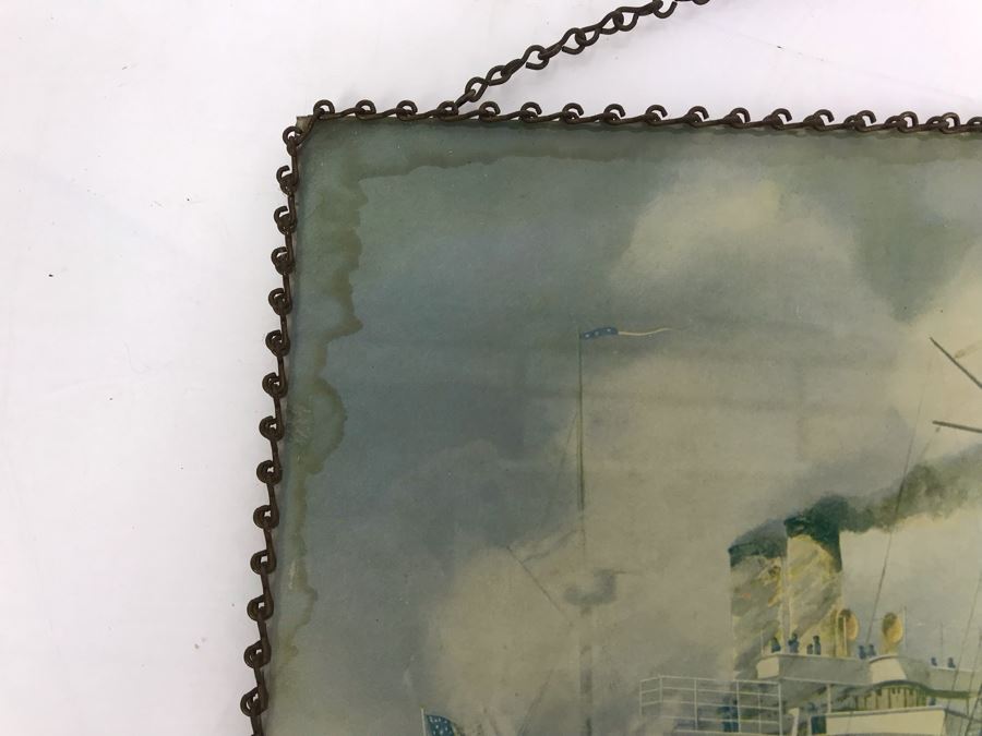 Vintage Print Of U.S. Naval Battleship 'Maine' With Metal Chain Frame (Print By Frederick Nelson Atwood) [Photo 4]