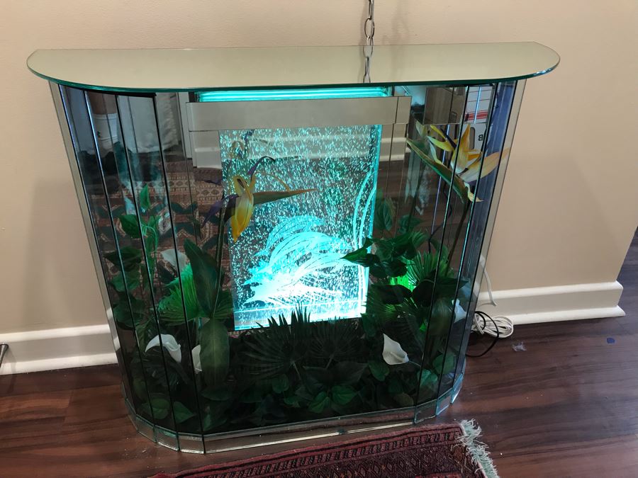 Vintage Hollywood Regency Mirrored Foyer Table With Lighted Dolphin Motif Aquarium Feature And Artificial Plants [Photo 11]