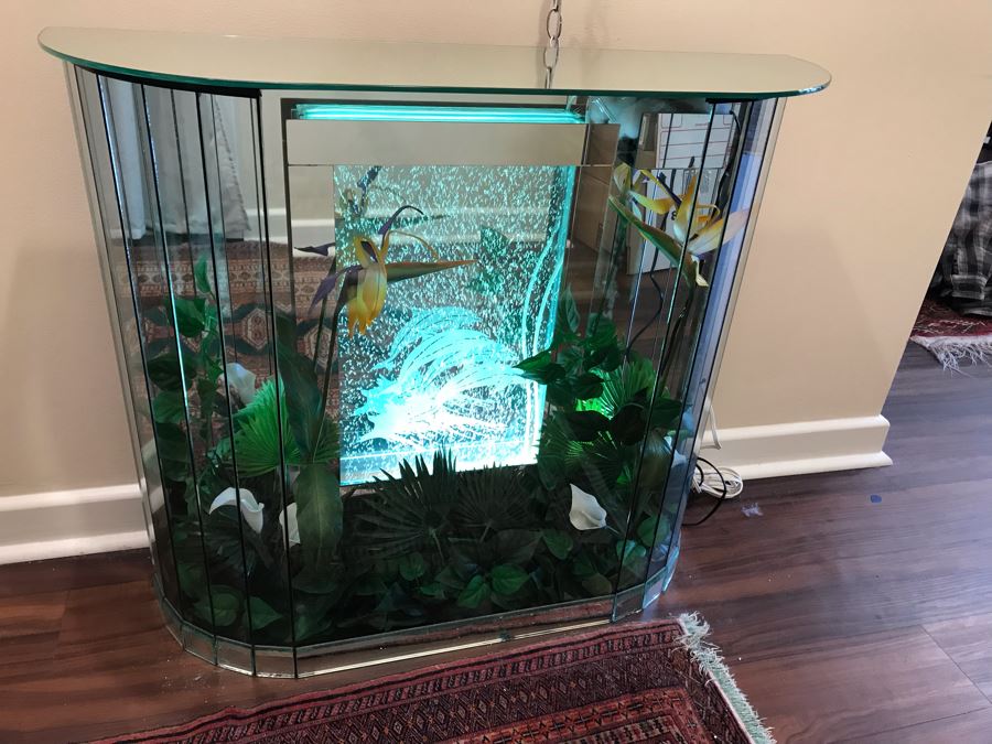 Vintage Hollywood Regency Mirrored Foyer Table With Lighted Dolphin Motif Aquarium Feature And Artificial Plants [Photo 2]