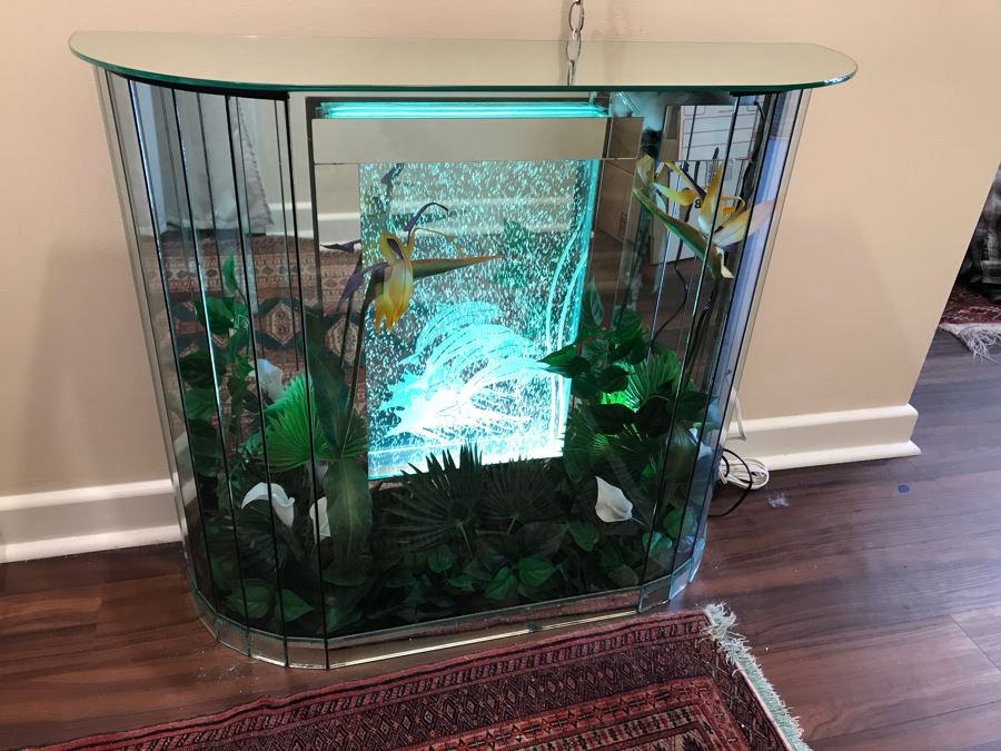 Vintage Hollywood Regency Mirrored Foyer Table With Lighted Dolphin Motif Aquarium Feature And Artificial Plants [Photo 1]