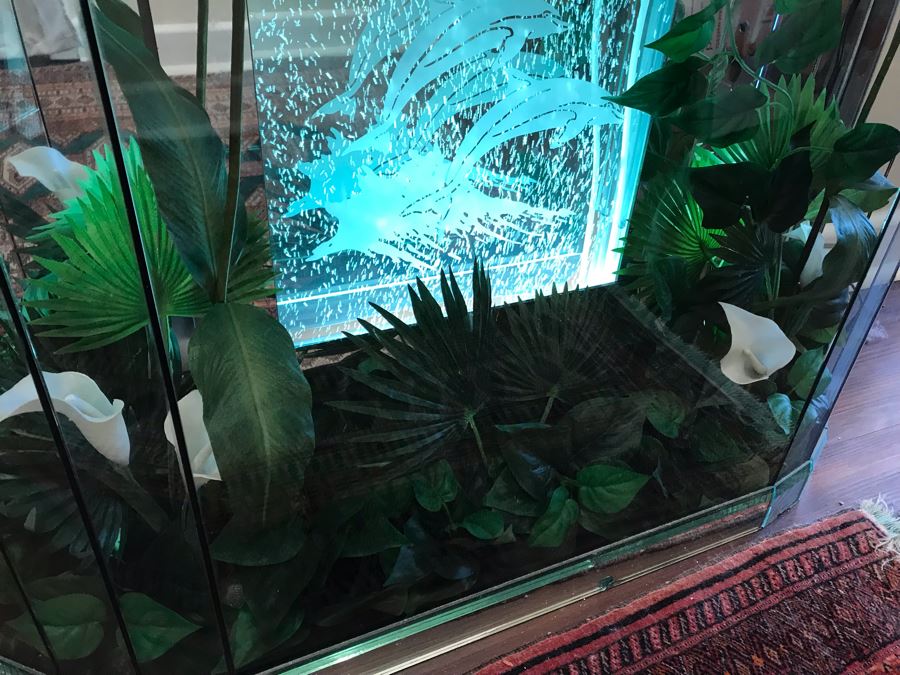 Vintage Hollywood Regency Mirrored Foyer Table With Lighted Dolphin Motif Aquarium Feature And Artificial Plants [Photo 7]