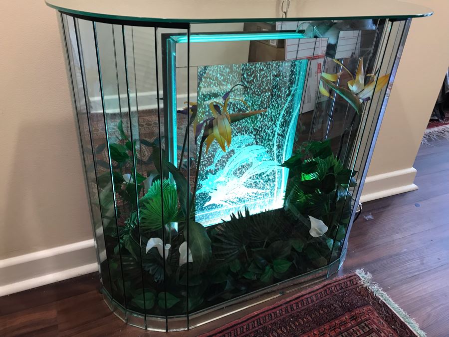 Vintage Hollywood Regency Mirrored Foyer Table With Lighted Dolphin Motif Aquarium Feature And Artificial Plants [Photo 3]