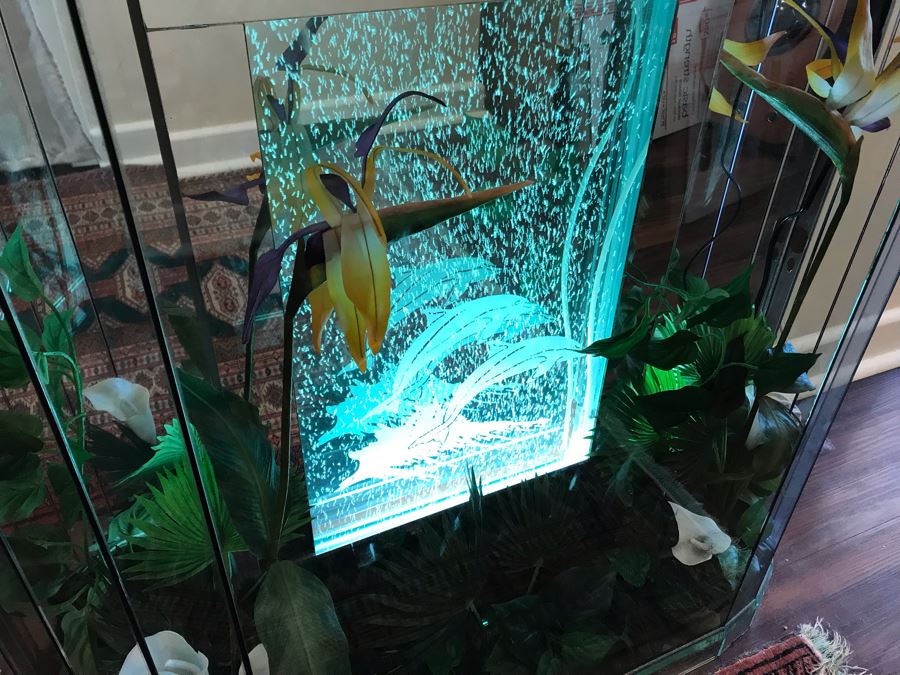 Vintage Hollywood Regency Mirrored Foyer Table With Lighted Dolphin Motif Aquarium Feature And Artificial Plants [Photo 5]