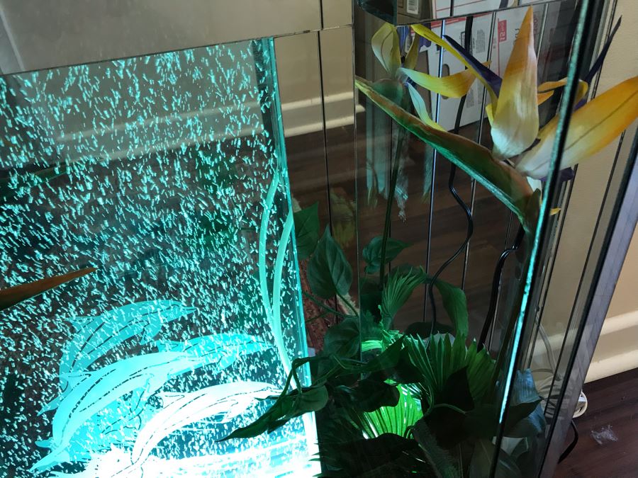 Vintage Hollywood Regency Mirrored Foyer Table With Lighted Dolphin Motif Aquarium Feature And Artificial Plants [Photo 9]