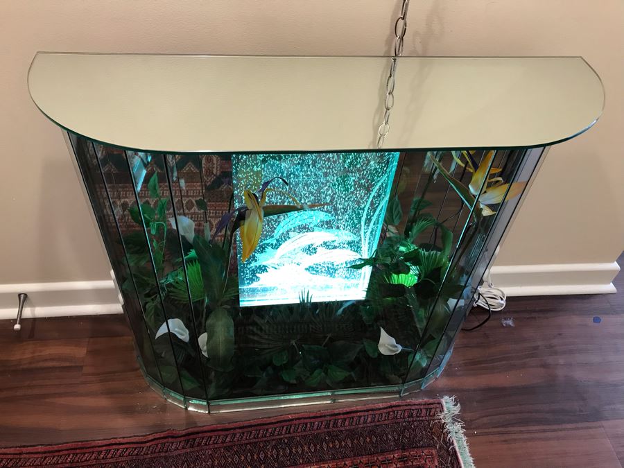 Vintage Hollywood Regency Mirrored Foyer Table With Lighted Dolphin Motif Aquarium Feature And Artificial Plants [Photo 4]