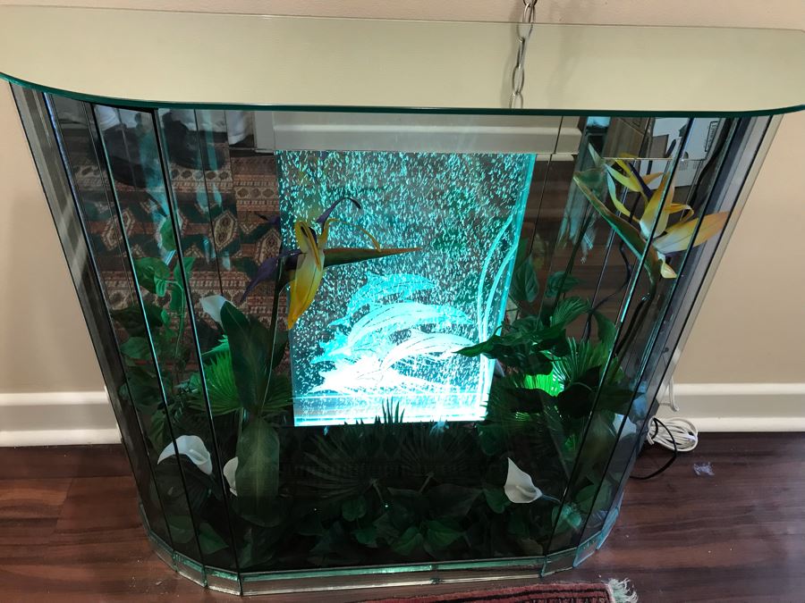 Vintage Hollywood Regency Mirrored Foyer Table With Lighted Dolphin Motif Aquarium Feature And Artificial Plants [Photo 10]