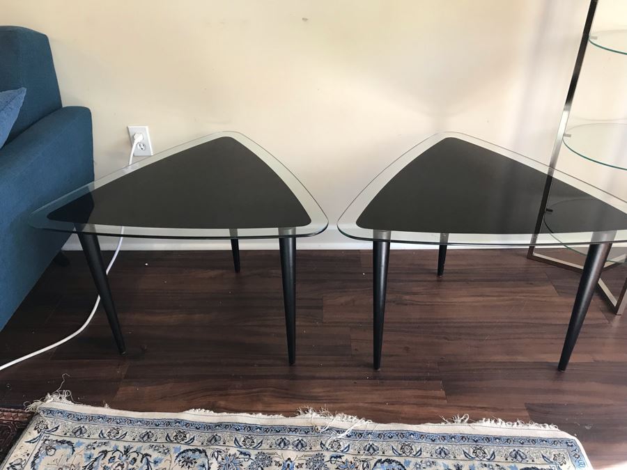 Pair Of Modernist Triangular Glass Top Side Tables [Photo 2]