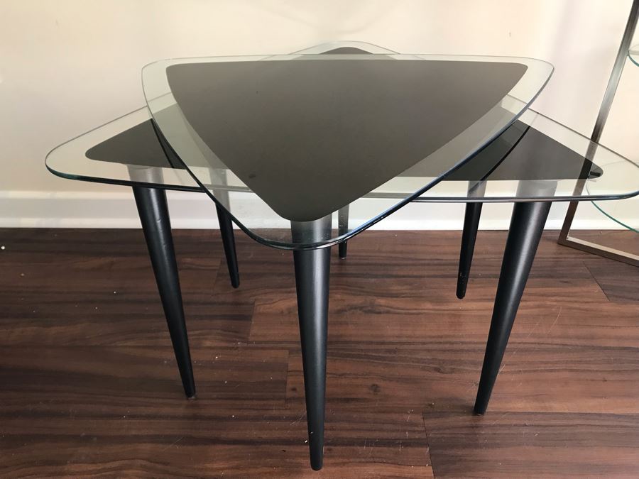 Pair Of Modernist Triangular Glass Top Side Tables [Photo 4]