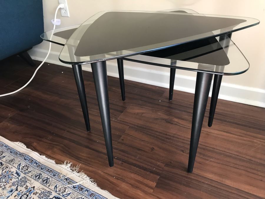 Pair Of Modernist Triangular Glass Top Side Tables [Photo 9]