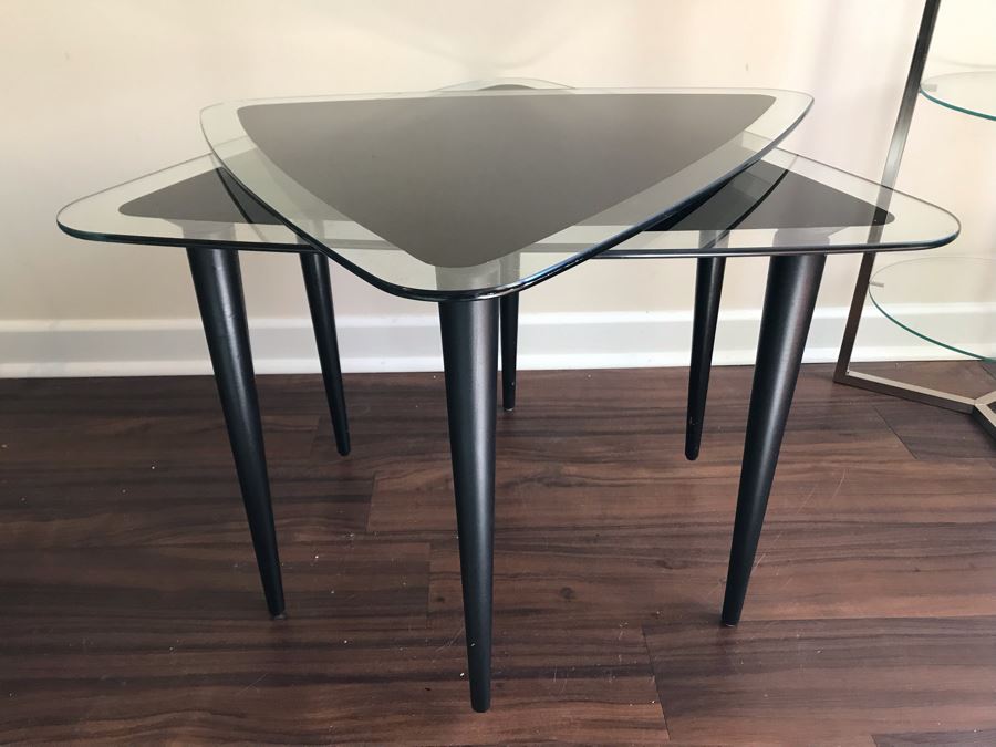 Pair Of Modernist Triangular Glass Top Side Tables [Photo 8]
