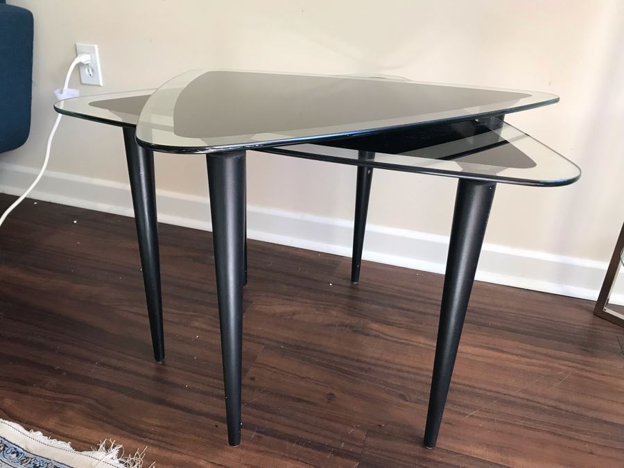 Pair Of Modernist Triangular Glass Top Side Tables [Photo 5]
